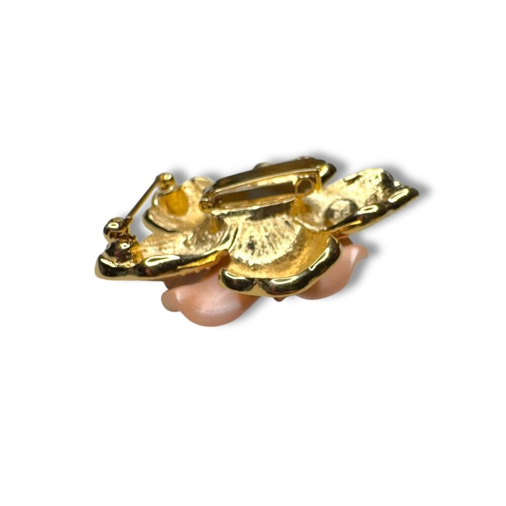 Nolan Miller Peach Gardenia Layered Enamel Lucite Flower Brooch Necklace Enhance - Picture 6 of 11
